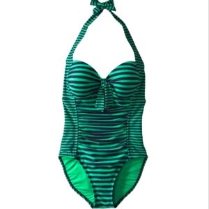 NEW MERONA Small 1 Pc Striped Green Navy Blue Halter SWIM Suit